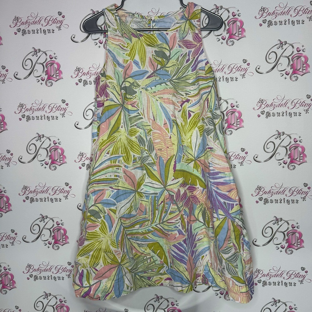 Dress 100% linen floral pastel tropical keyhole button seashell 🐚 pockets luxe
